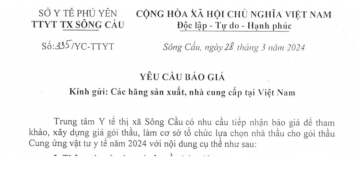 Yêu cầu báo giá Cung ứng vật tư Y tế năm 2024
